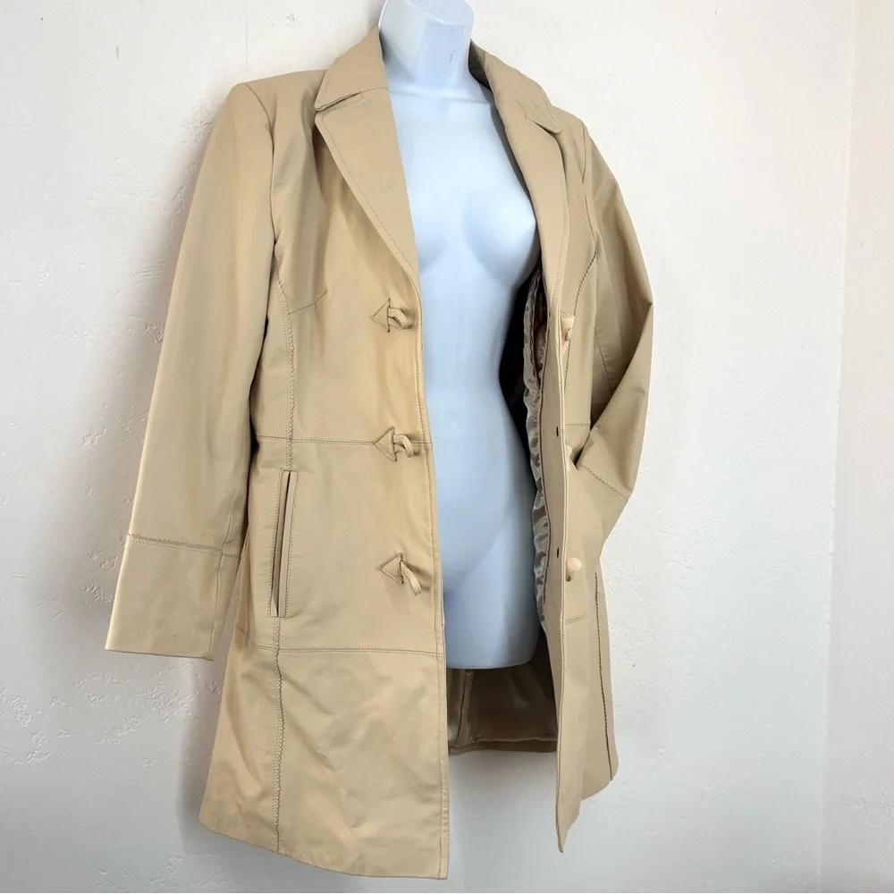Vintage Y2K Terry Lewis Leather Trench Coat Cream Toggle Buttons Women's S